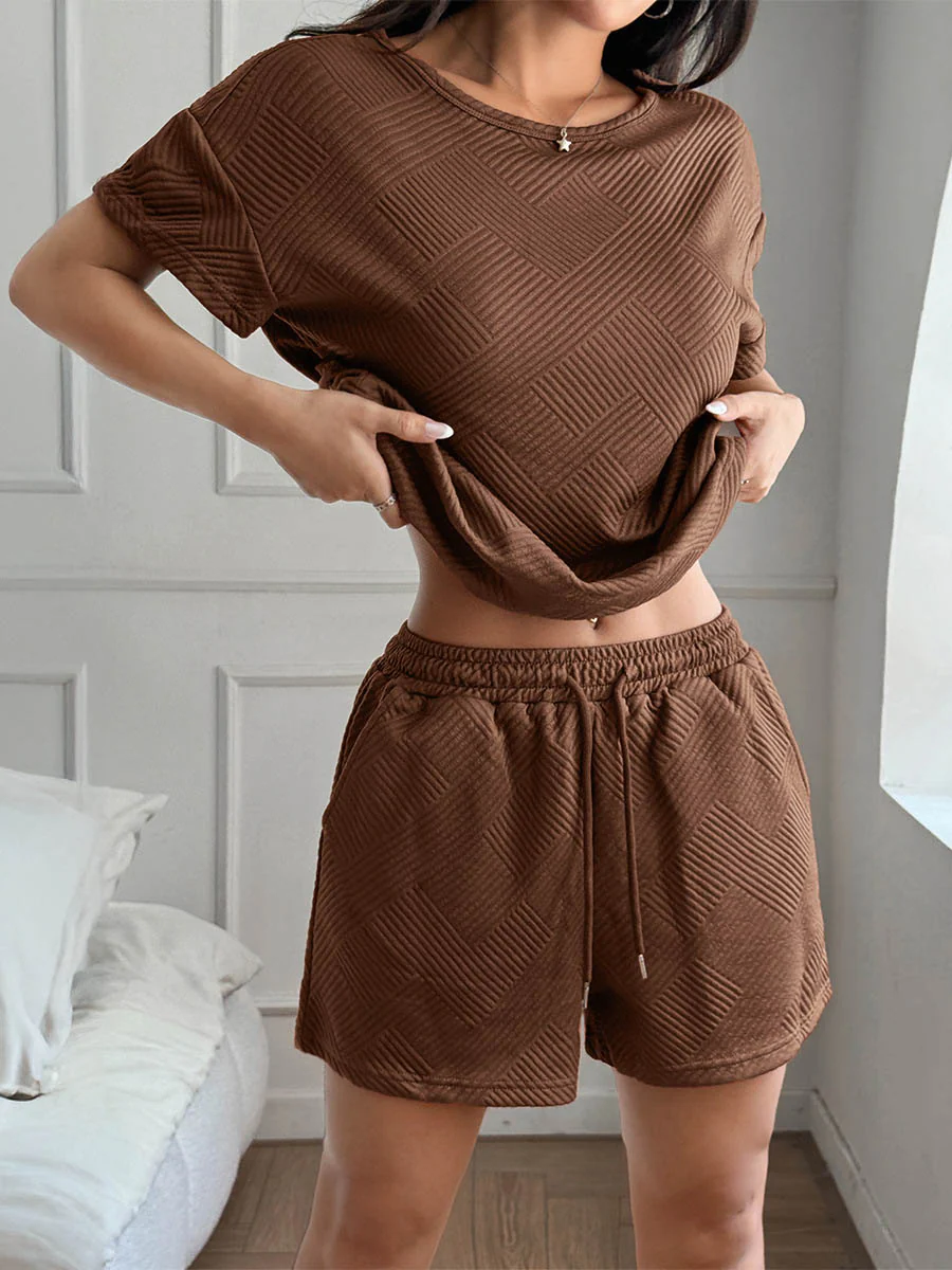 Loose Solid Color Round-Neck Short Sleeves Jacquard T-Shirts Tops + Pockets Tied Waist Shorts Two Pieces Set - Image 4
