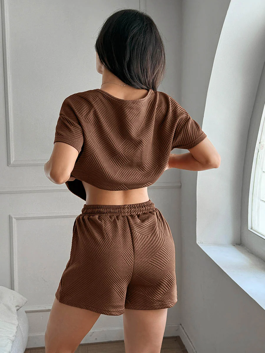 Loose Solid Color Round-Neck Short Sleeves Jacquard T-Shirts Tops + Pockets Tied Waist Shorts Two Pieces Set - Image 5