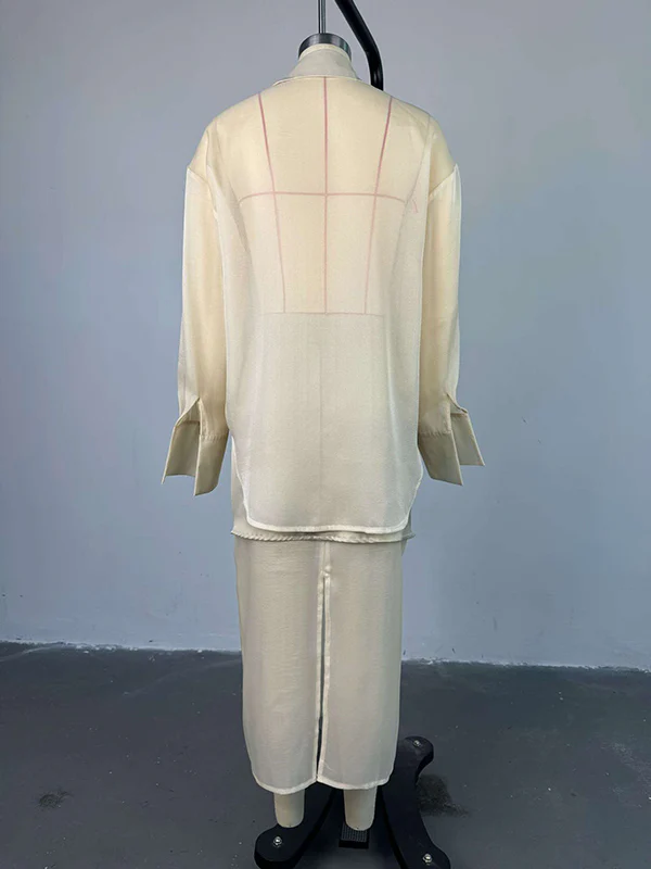 Loose Solid Color See-Through Long Sleeves Lapel Blouse + Skirt Two Pieces Set - Image 10