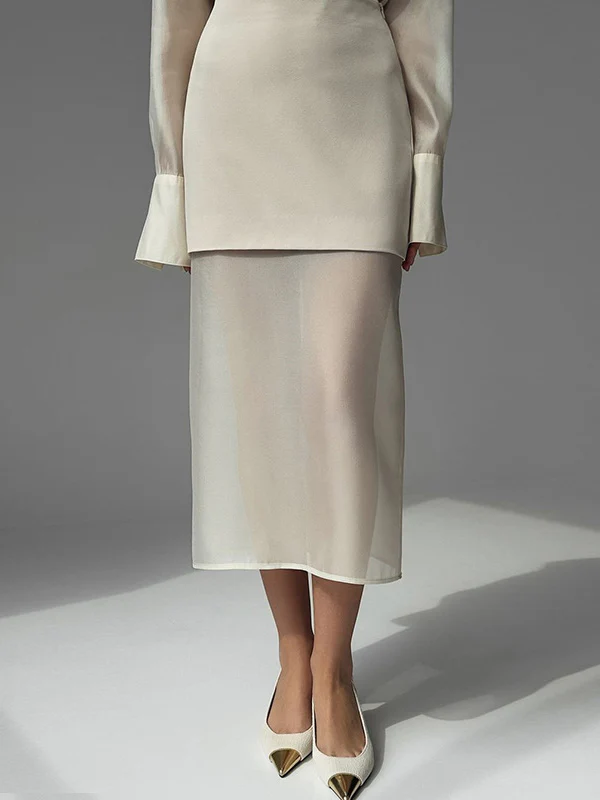 Loose Solid Color See-Through Long Sleeves Lapel Blouse + Skirt Two Pieces Set - Image 4