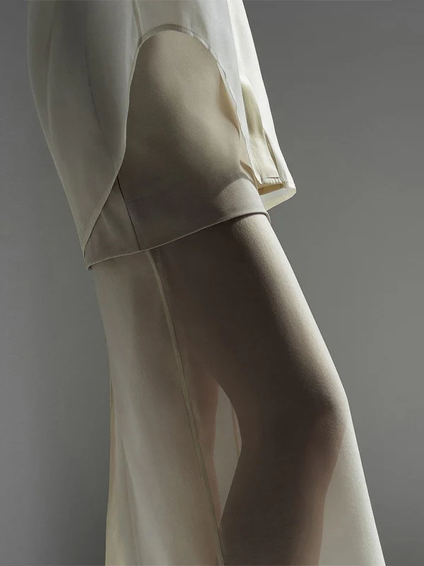 Loose Solid Color See-Through Long Sleeves Lapel Blouse + Skirt Two Pieces Set - Image 5