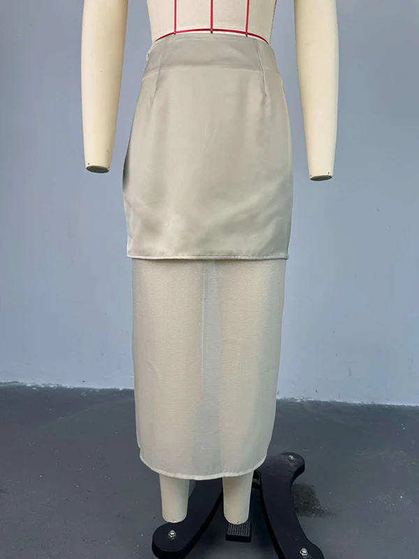 Loose Solid Color See-Through Long Sleeves Lapel Blouse + Skirt Two Pieces Set - Image 6