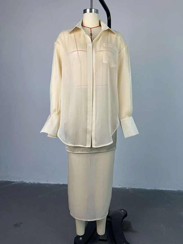 Loose Solid Color See-Through Long Sleeves Lapel Blouse + Skirt Two Pieces Set - Image 8