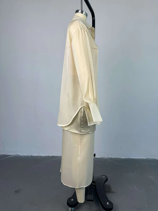 Loose Solid Color See-Through Long Sleeves Lapel Blouse + Skirt Two Pieces Set - Image 9