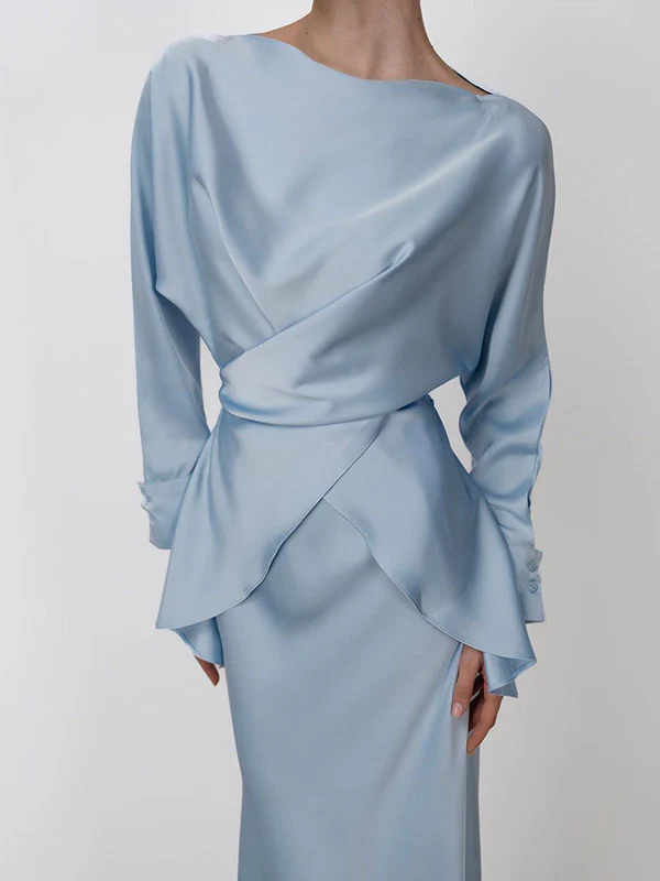 Loose Solid Color Split-Joint Boat Neck Long Sleeves Blouse & Shirt + Skirt Two Pieces Set - Image 10