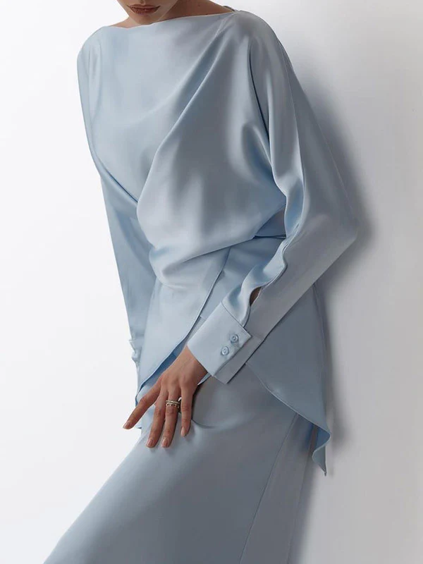 Loose Solid Color Split-Joint Boat Neck Long Sleeves Blouse & Shirt + Skirt Two Pieces Set - Image 11