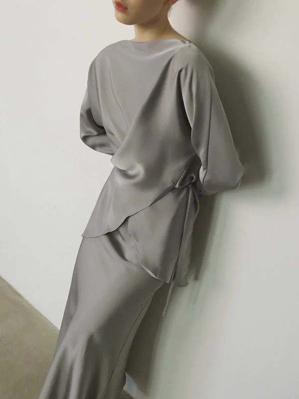 Loose Solid Color Split-Joint Boat Neck Long Sleeves Blouse & Shirt + Skirt Two Pieces Set - Image 12