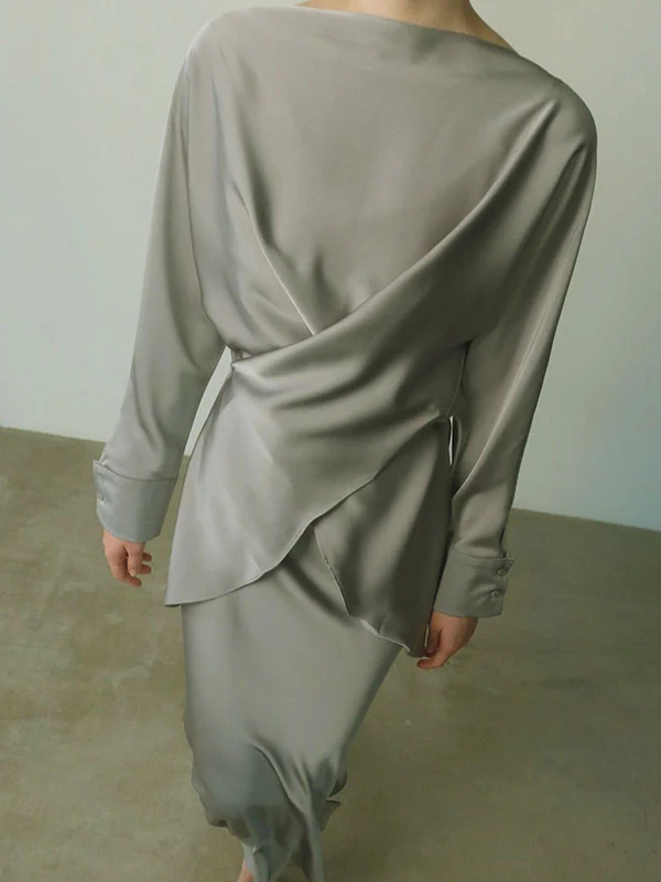 Loose Solid Color Split-Joint Boat Neck Long Sleeves Blouse & Shirt + Skirt Two Pieces Set - Image 13