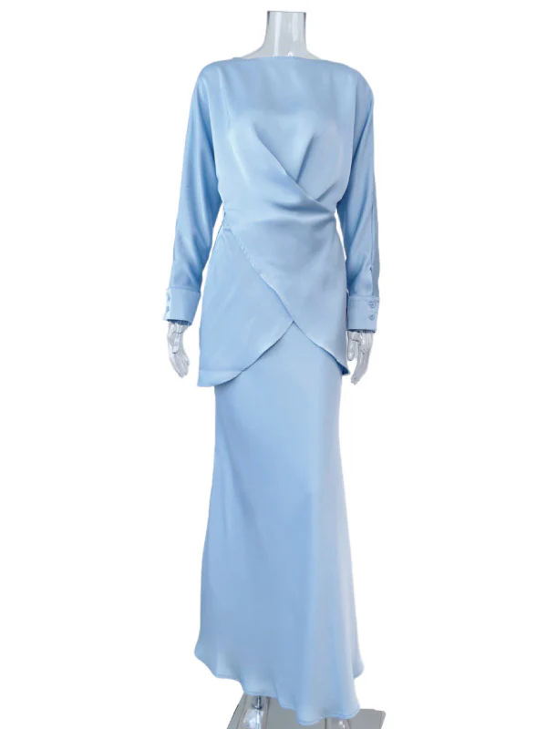 Loose Solid Color Split-Joint Boat Neck Long Sleeves Blouse & Shirt + Skirt Two Pieces Set - Image 15