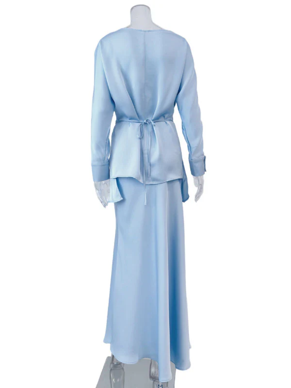 Loose Solid Color Split-Joint Boat Neck Long Sleeves Blouse & Shirt + Skirt Two Pieces Set - Image 16