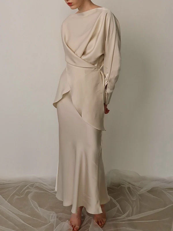 Loose Solid Color Split-Joint Boat Neck Long Sleeves Blouse & Shirt + Skirt Two Pieces Set - Image 3