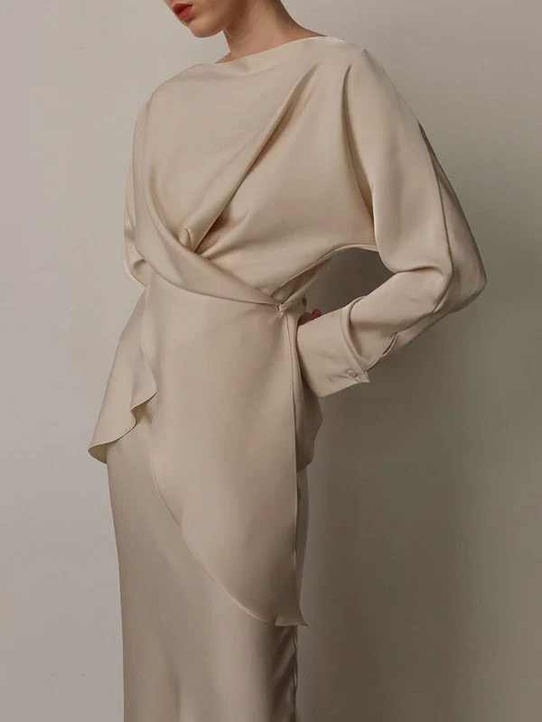 Loose Solid Color Split-Joint Boat Neck Long Sleeves Blouse & Shirt + Skirt Two Pieces Set - Image 4