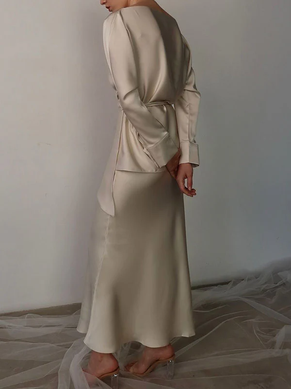 Loose Solid Color Split-Joint Boat Neck Long Sleeves Blouse & Shirt + Skirt Two Pieces Set - Image 5