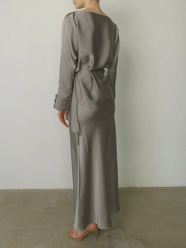 Loose Solid Color Split-Joint Boat Neck Long Sleeves Blouse & Shirt + Skirt Two Pieces Set - Image 6