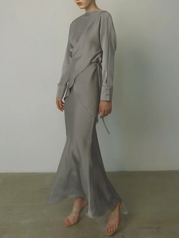 Loose Solid Color Split-Joint Boat Neck Long Sleeves Blouse & Shirt + Skirt Two Pieces Set - Image 7
