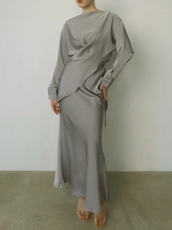 Loose Solid Color Split-Joint Boat Neck Long Sleeves Blouse & Shirt + Skirt Two Pieces Set - Image 8