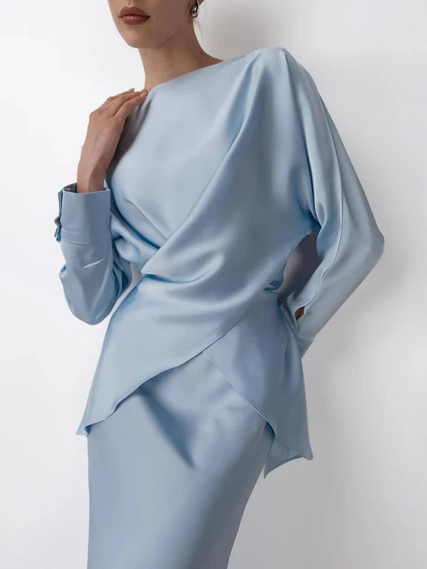 Loose Solid Color Split-Joint Boat Neck Long Sleeves Blouse & Shirt + Skirt Two Pieces Set - Image 9