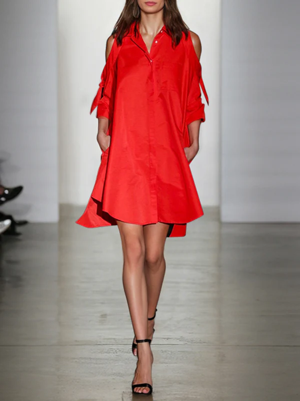 Loose Solid Color Split-Joint Cold Shoulder Mini Dresses Shirt Dress - Image 2
