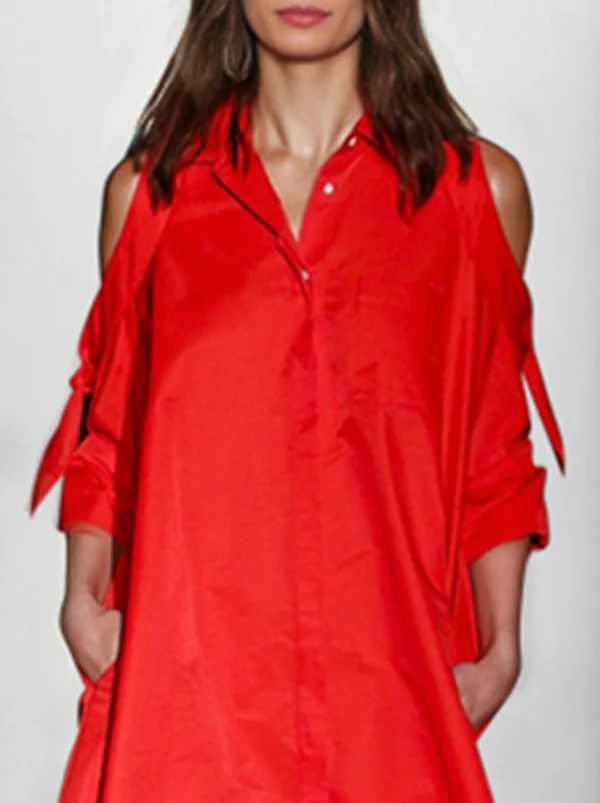 Loose Solid Color Split-Joint Cold Shoulder Mini Dresses Shirt Dress - Image 3