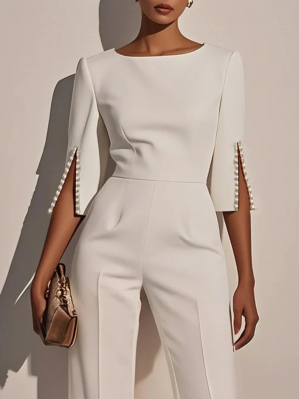 Loose Solid Color Split-Joint Round-Neck Jumpsuits - Image 2