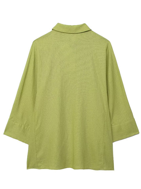Loose Solid Color Split-Joint Split-Side Lapel Blouse + Elasticity Pleated Pants Trousers Two Pieces Set - Image 11