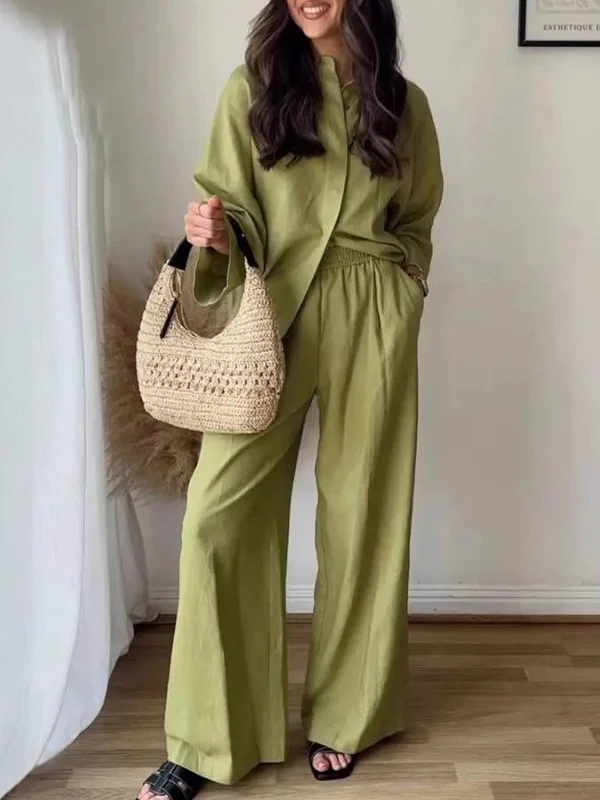 Loose Solid Color Split-Joint Split-Side Lapel Blouse + Elasticity Pleated Pants Trousers Two Pieces Set - Image 2