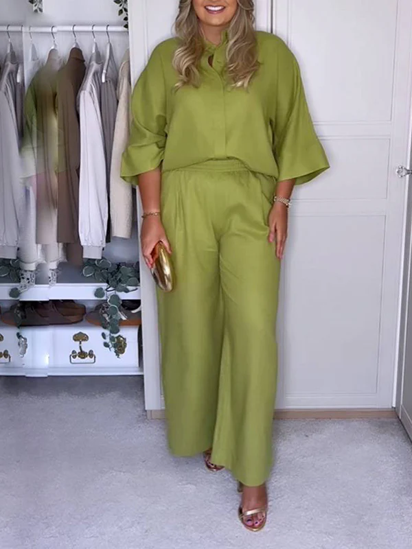 Loose Solid Color Split-Joint Split-Side Lapel Blouse + Elasticity Pleated Pants Trousers Two Pieces Set - Image 3