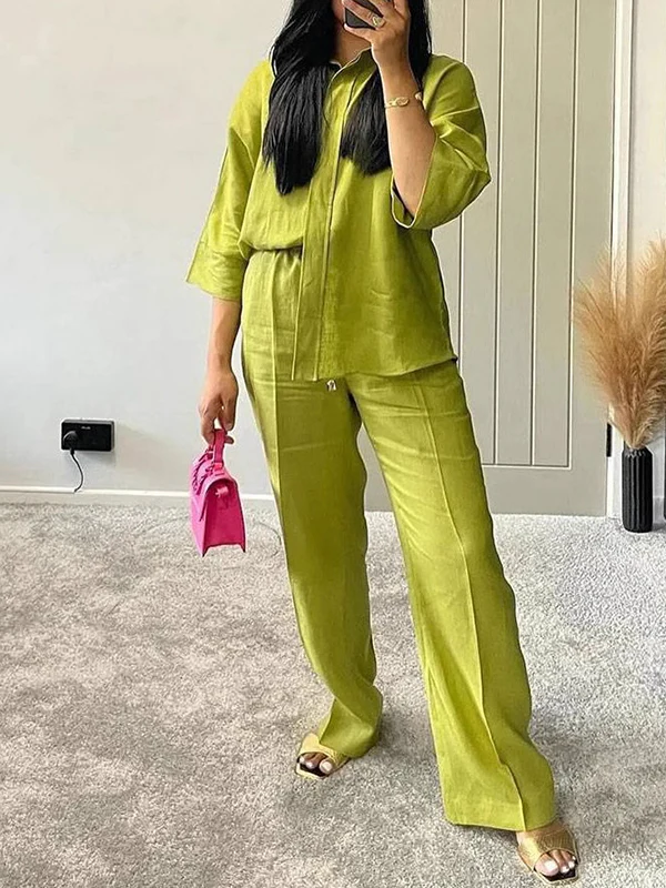 Loose Solid Color Split-Joint Split-Side Lapel Blouse + Elasticity Pleated Pants Trousers Two Pieces Set - Image 4