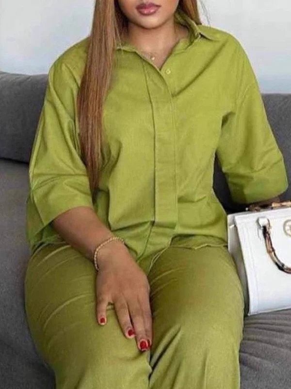 Loose Solid Color Split-Joint Split-Side Lapel Blouse + Elasticity Pleated Pants Trousers Two Pieces Set - Image 5