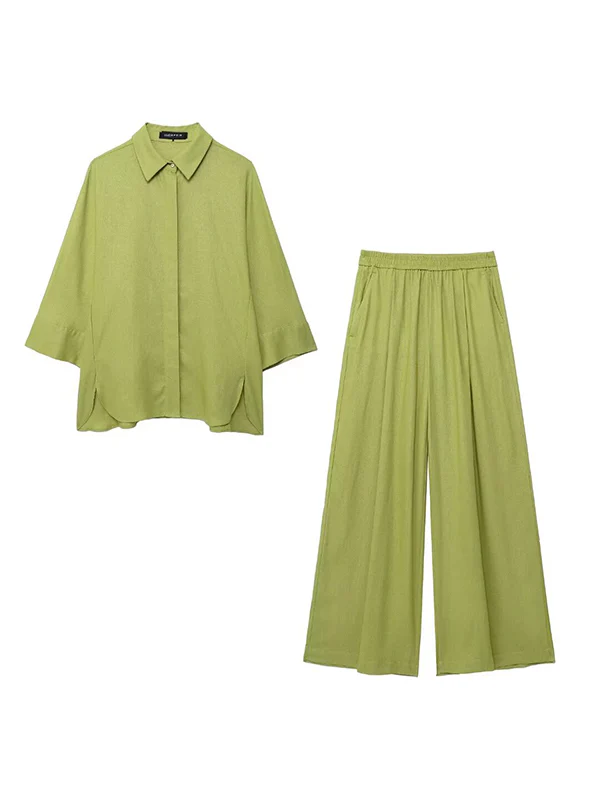 Loose Solid Color Split-Joint Split-Side Lapel Blouse + Elasticity Pleated Pants Trousers Two Pieces Set - Image 6