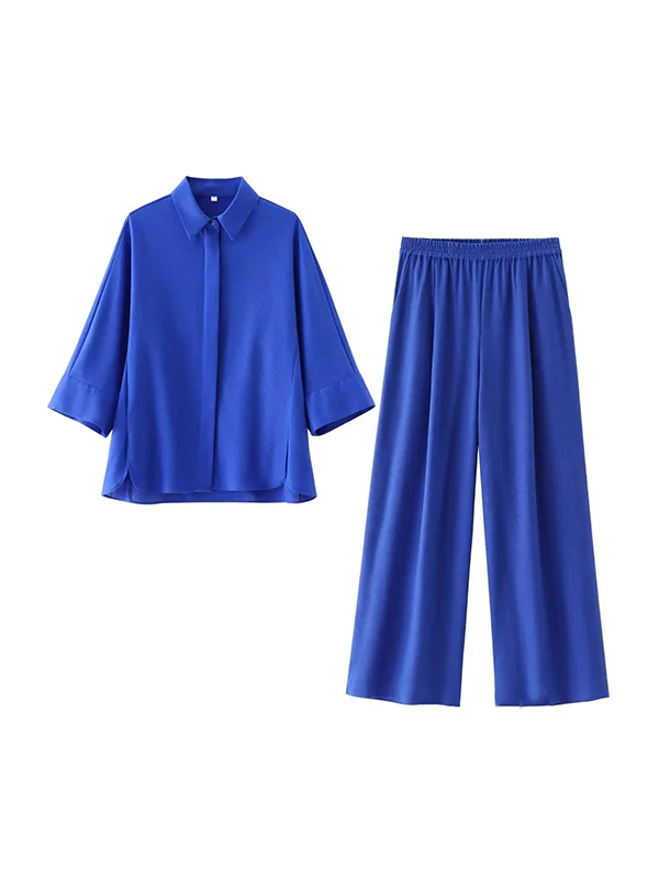 Loose Solid Color Split-Joint Split-Side Lapel Blouse + Elasticity Pleated Pants Trousers Two Pieces Set - Image 7