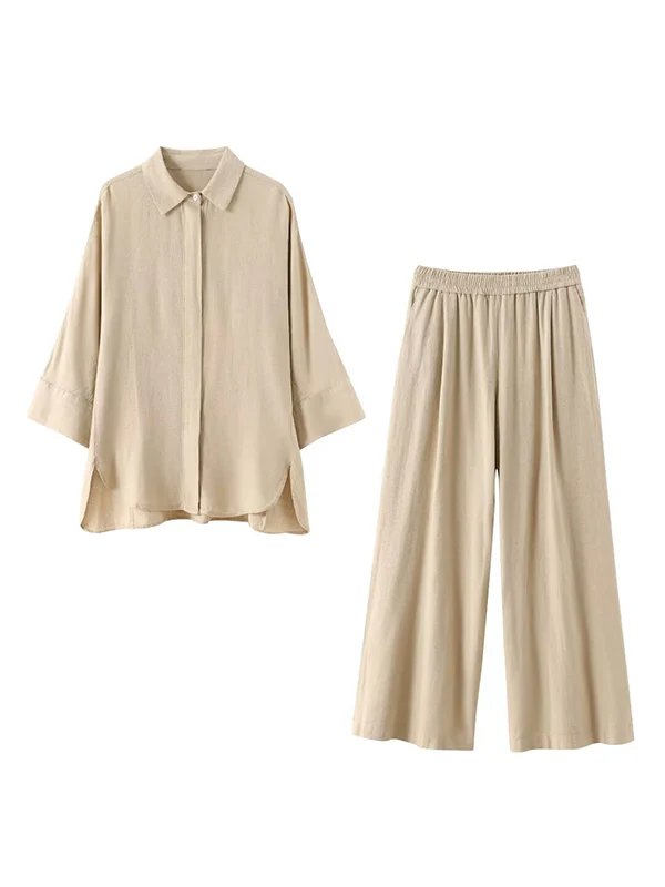 Loose Solid Color Split-Joint Split-Side Lapel Blouse + Elasticity Pleated Pants Trousers Two Pieces Set - Image 8