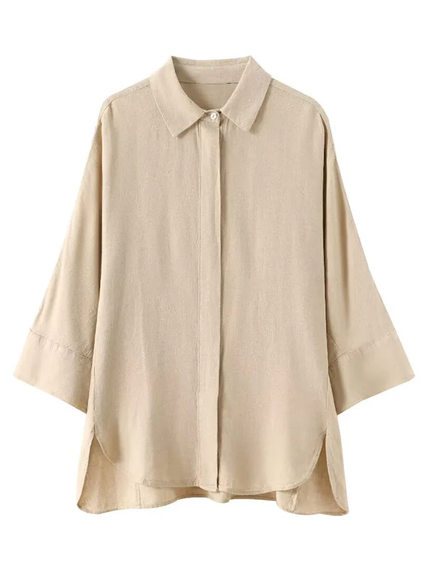 Loose Solid Color Split-Joint Split-Side Lapel Blouse + Elasticity Pleated Pants Trousers Two Pieces Set - Image 9