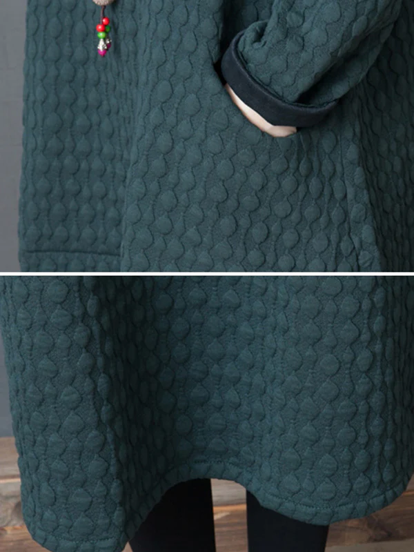 Loose Solid Color Split-Joint With Pocket Round-Neck Long Sleeves Midi Dress - Image 11