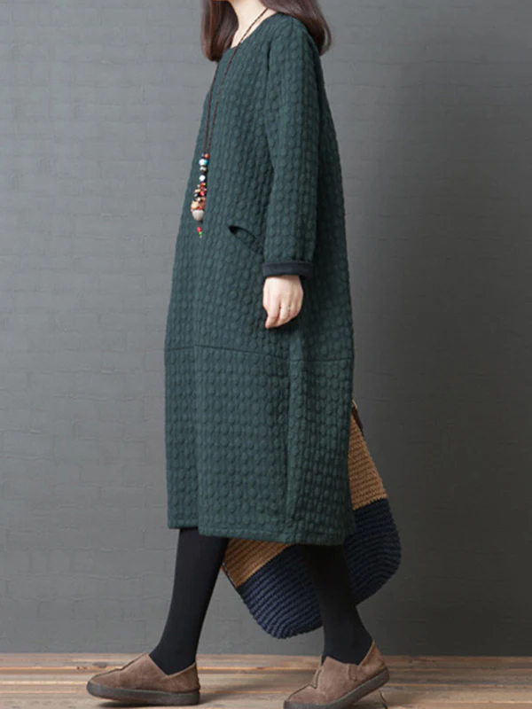 Loose Solid Color Split-Joint With Pocket Round-Neck Long Sleeves Midi Dress - Image 2