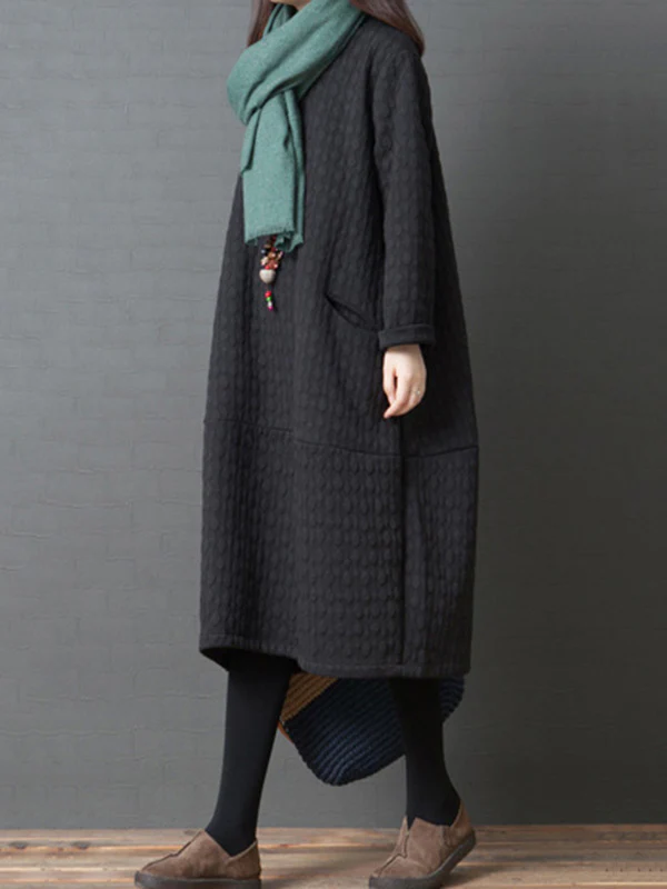 Loose Solid Color Split-Joint With Pocket Round-Neck Long Sleeves Midi Dress - Image 3
