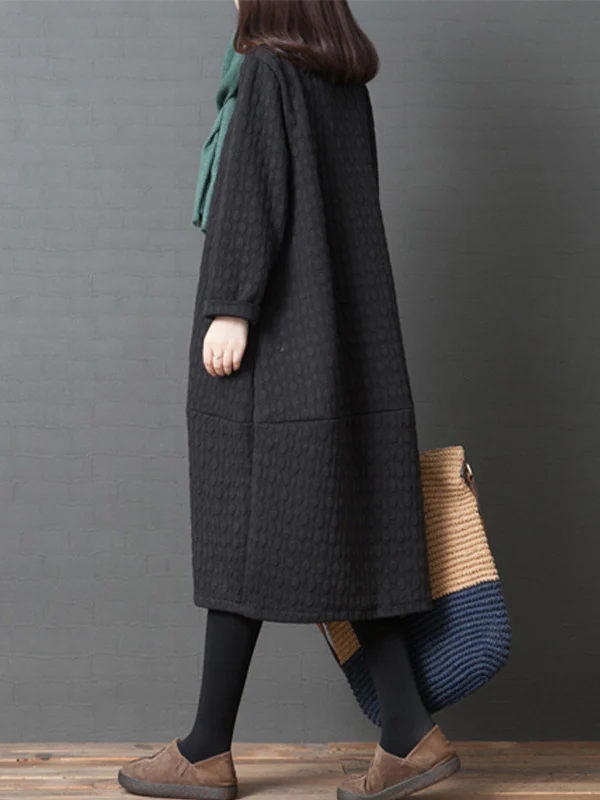 Loose Solid Color Split-Joint With Pocket Round-Neck Long Sleeves Midi Dress - Image 4