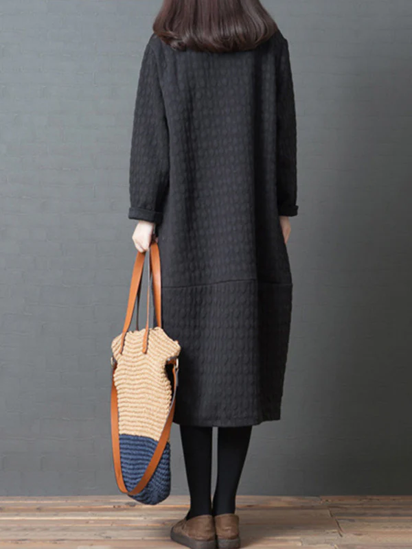 Loose Solid Color Split-Joint With Pocket Round-Neck Long Sleeves Midi Dress - Image 5