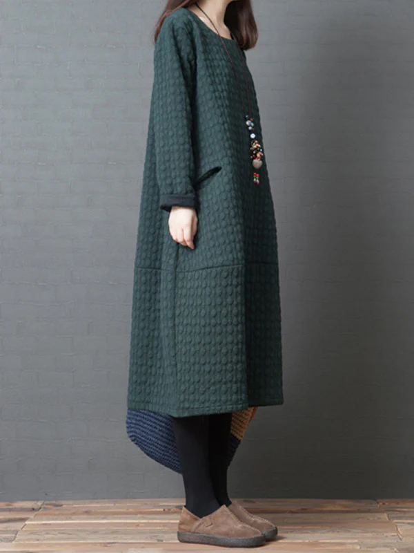 Loose Solid Color Split-Joint With Pocket Round-Neck Long Sleeves Midi Dress - Image 6