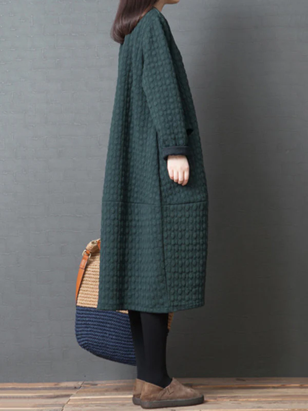 Loose Solid Color Split-Joint With Pocket Round-Neck Long Sleeves Midi Dress - Image 7