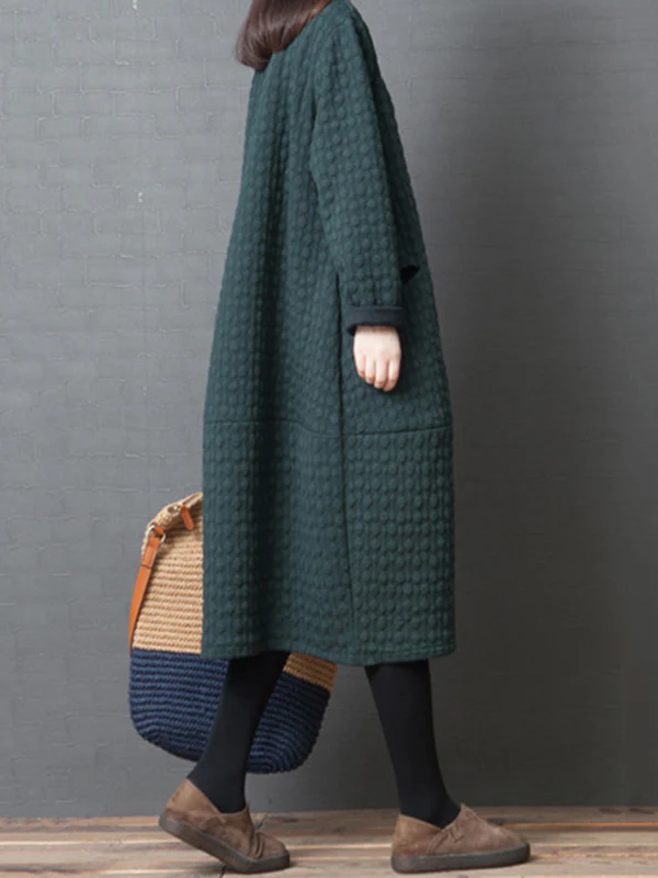 Loose Solid Color Split-Joint With Pocket Round-Neck Long Sleeves Midi Dress - Image 8