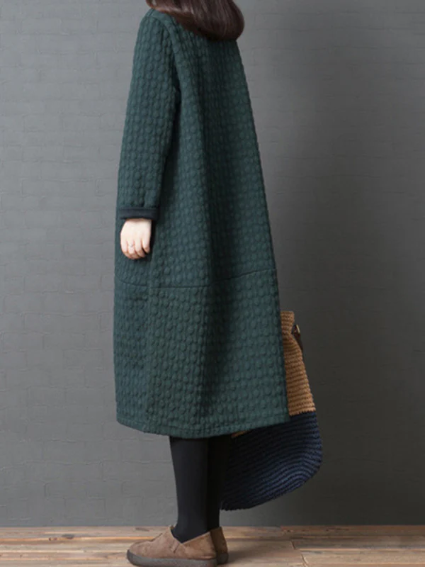 Loose Solid Color Split-Joint With Pocket Round-Neck Long Sleeves Midi Dress - Image 9