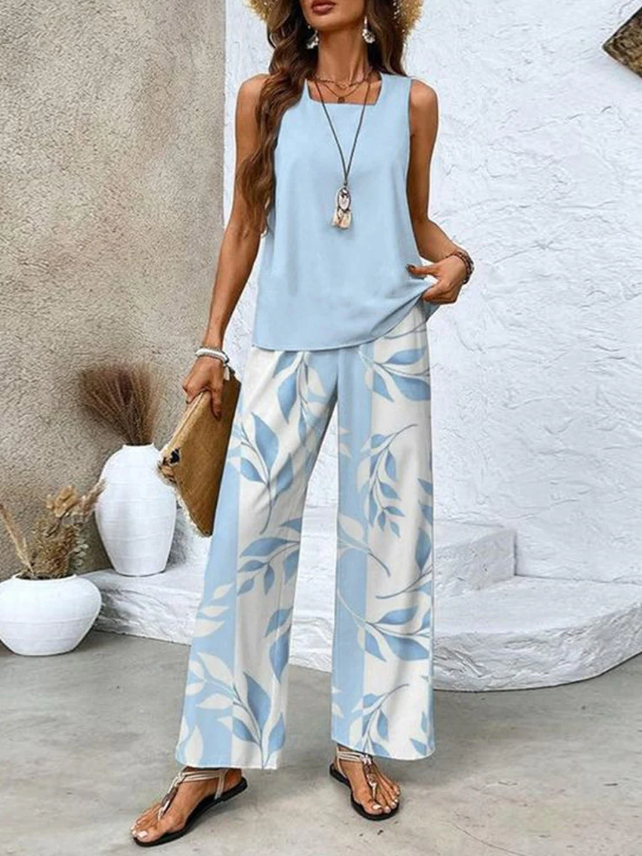 Loose Solid Color Square-Neck Tank Top +  Contrast Color Leaves Print Pockets High Waisted Trousers Pants Two Pieces Set - Image 2