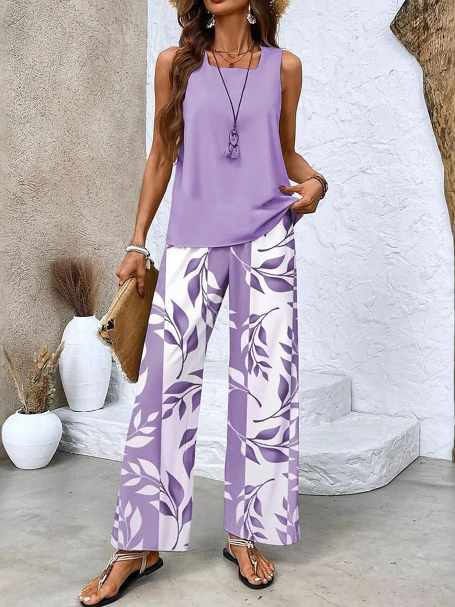 Loose Solid Color Square-Neck Tank Top +  Contrast Color Leaves Print Pockets High Waisted Trousers Pants Two Pieces Set - Image 3