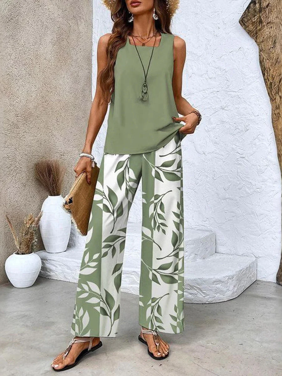Loose Solid Color Square-Neck Tank Top +  Contrast Color Leaves Print Pockets High Waisted Trousers Pants Two Pieces Set - Image 4