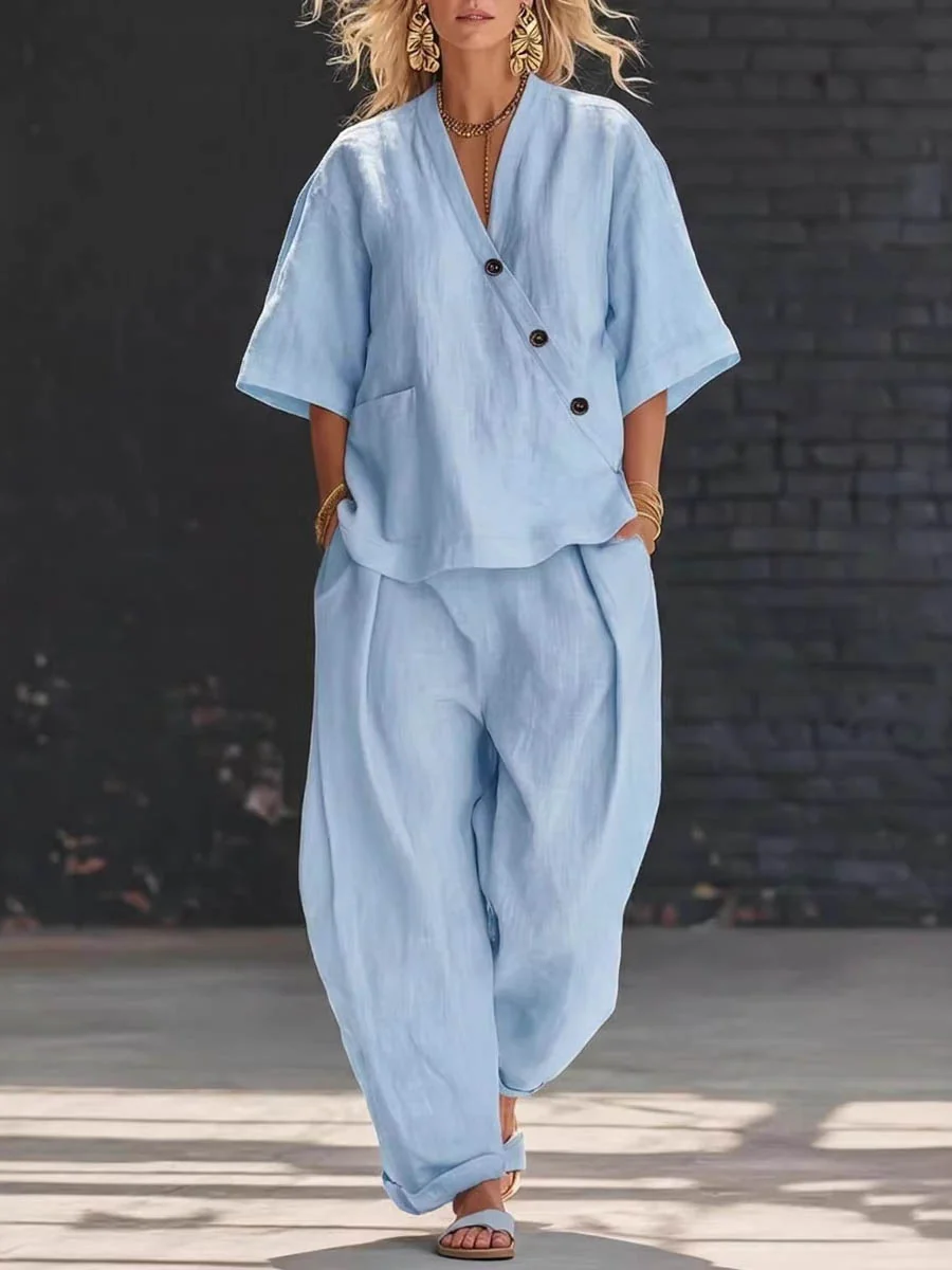 Loose Solid Color V-Neck Asymmetric Buttoned Blouses&Shirts Tops + High Waisted Pockets Pants Trousers Two Pieces Set - Image 2