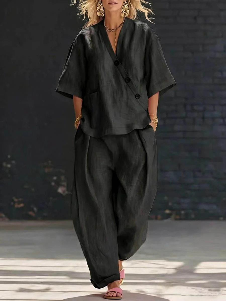 Loose Solid Color V-Neck Asymmetric Buttoned Blouses&Shirts Tops + High Waisted Pockets Pants Trousers Two Pieces Set - Image 3