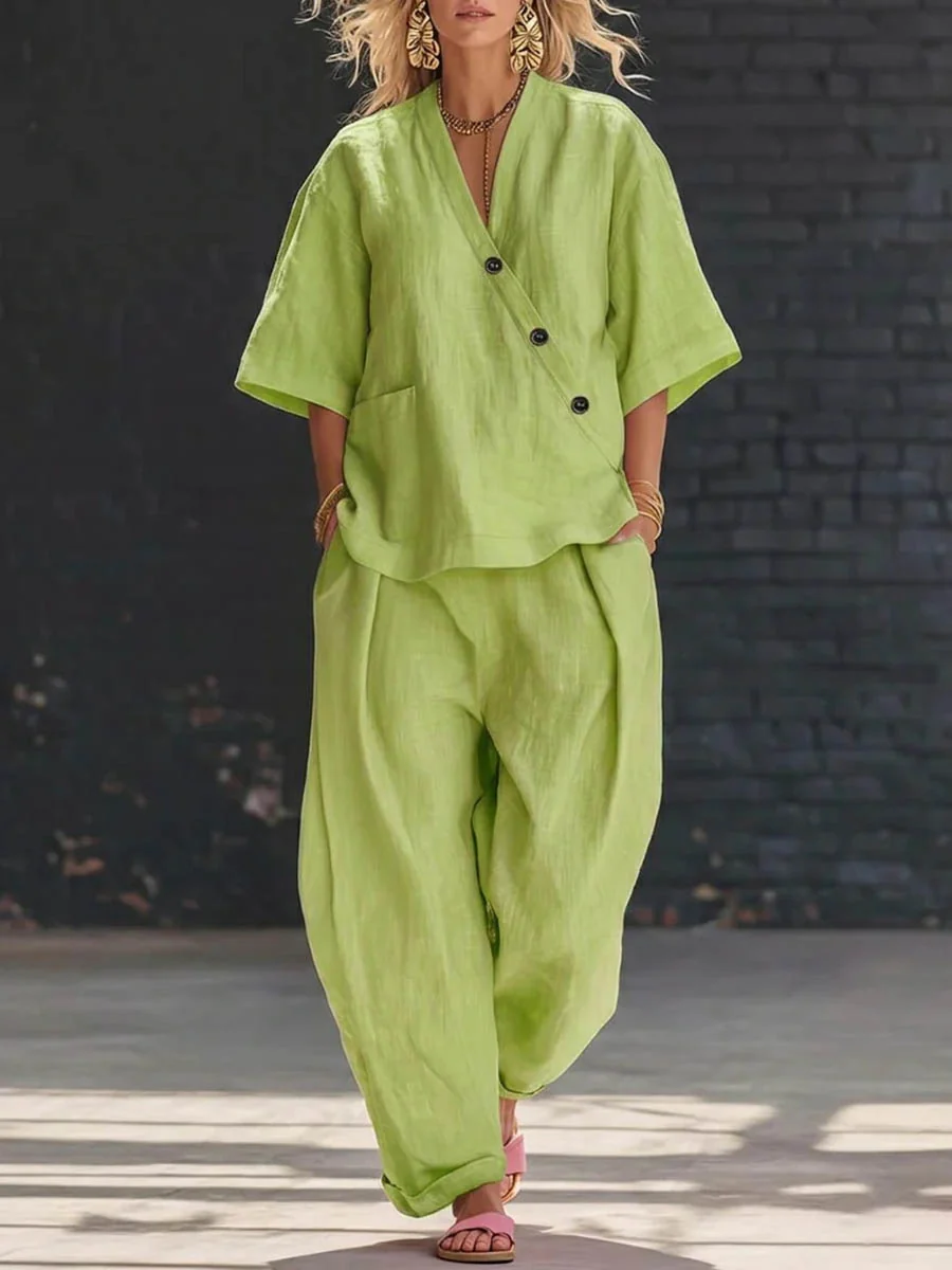 Loose Solid Color V-Neck Asymmetric Buttoned Blouses&Shirts Tops + High Waisted Pockets Pants Trousers Two Pieces Set - Image 4