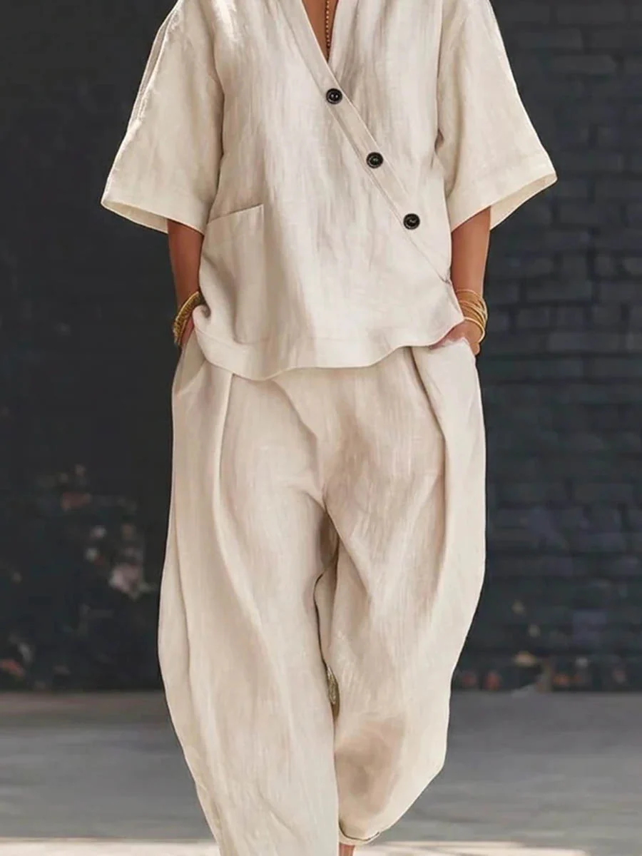 Loose Solid Color V-Neck Asymmetric Buttoned Blouses&Shirts Tops + High Waisted Pockets Pants Trousers Two Pieces Set - Image 5