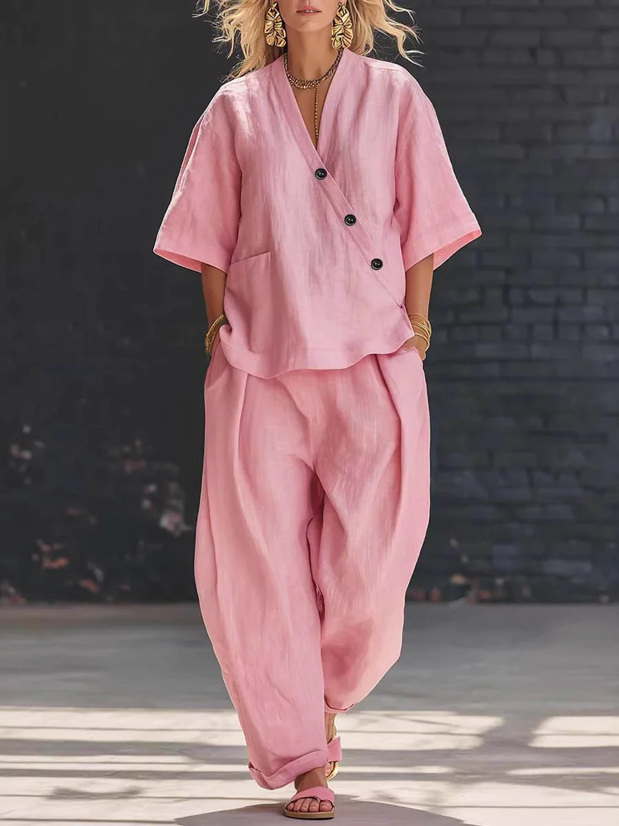 Loose Solid Color V-Neck Asymmetric Buttoned Blouses&Shirts Tops + High Waisted Pockets Pants Trousers Two Pieces Set - Image 6